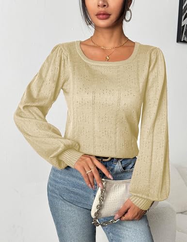 Image of HOTOUCH Sweaters for Women 2026 Fall Trendy Tops Casual Puff Sleeve Square Neck Cute Tunic Pullover Blouses XS-XXL