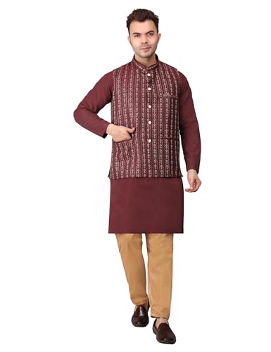Image of Men's Cotton Silk Blend Regular Kurta Pyjama, Embroidered Nehru Jacket /Waistcoat Set