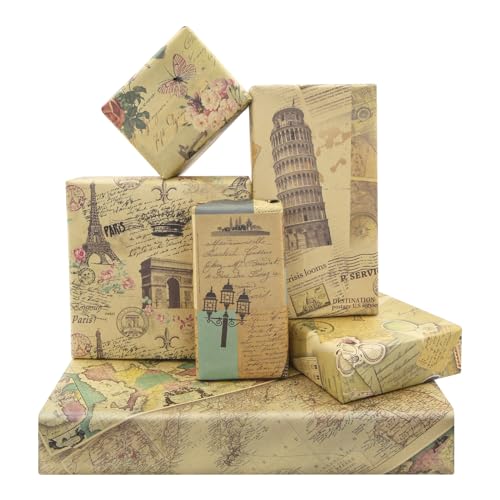 Vintage French Paris Eiffel Tower Arc de Triomphe Leaning Tower of Pisa Bicycle Butterfly Rose Maps Kraft Traveller Gift Wrapping Paper Folded Flat 6 Sheets 6 Designs for Wedding Birthday, 50x70cm