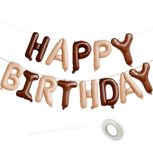 VHUWE 16 Inch Happy Birthday Balloon, Brown and Beige Happy Birthday Balloons Banner Aluminum Foil Letters Balloons for Birthday Party Decorations Supplies | Brown Beige