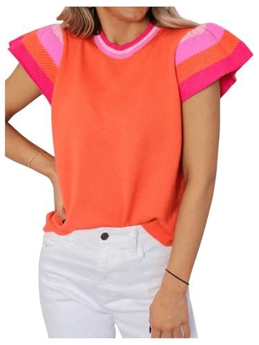 Image of WDIRARA Women's Striped Trim Pullover Sweaters Crewneck Ruffle Butterfly Sleeve Knit Tops Orange X-Large