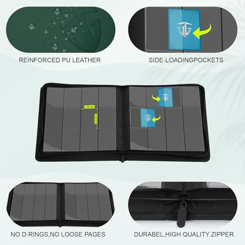 Image of 12 Pockets Trading Card Zipper Binder for 720 Cards| Secure Side Loading Pockets | Trading Card Album Folder | Compatible with YuGiOh, MTG (Dark Green 12)