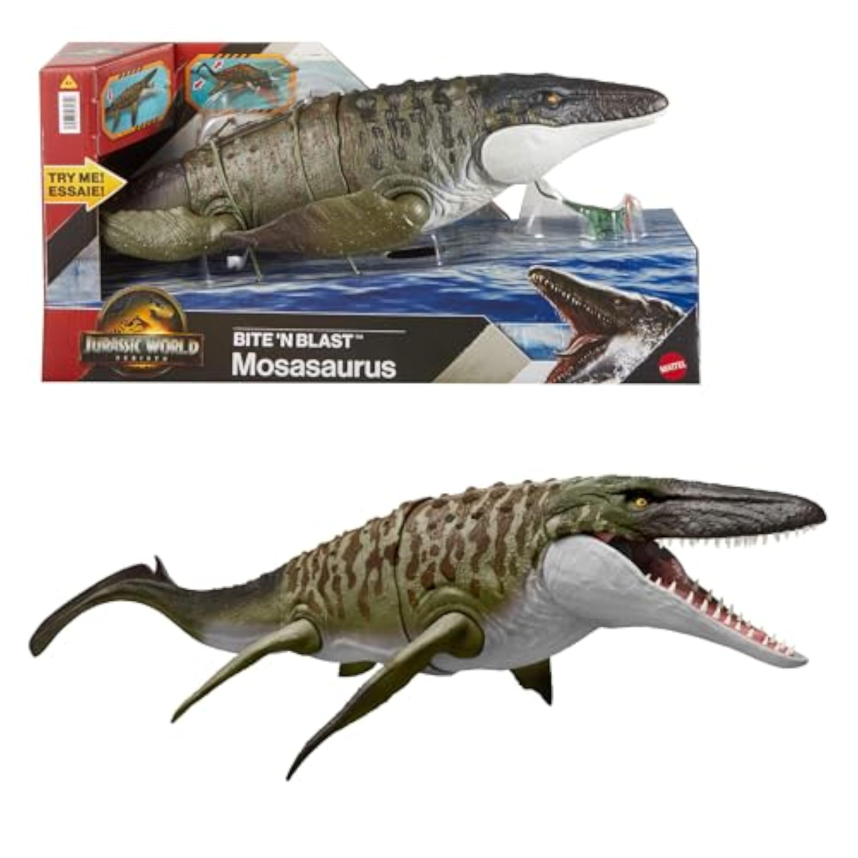 Mattel Jurassic World: El Renacer Mosasaurio Mordedor y minifigura de Dilofosaurio, juguete de dinosaurio con mandíbula ancha, figura articulada fiel a la película, juego digital, JJP80