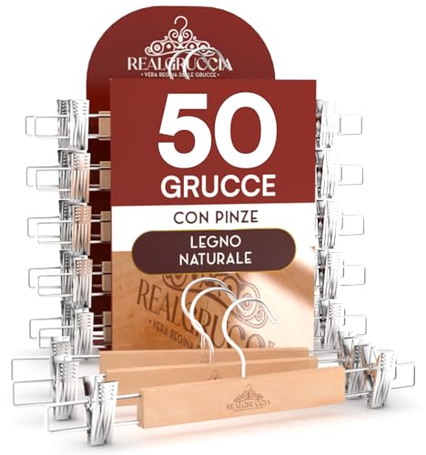 50 Grucce Appendiabiti con Pinze per Gonne Jeans Pantaloni in Legno Naturale 13x33cm - RealGruccia Gancio Girevole 360° in Metallo Resistente Clips Regolabili Salvaspazio e Robuste - Finitura Lucida