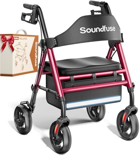 SOUNDFUSE Walkers for Seniors, Rollator Walker with Seat, 8' All Terrain Wheels, Double Support Bar, 16' Ergonomic Arc Seat and Comfortable Backrest, Dual Height Adjustable and Foldable Design