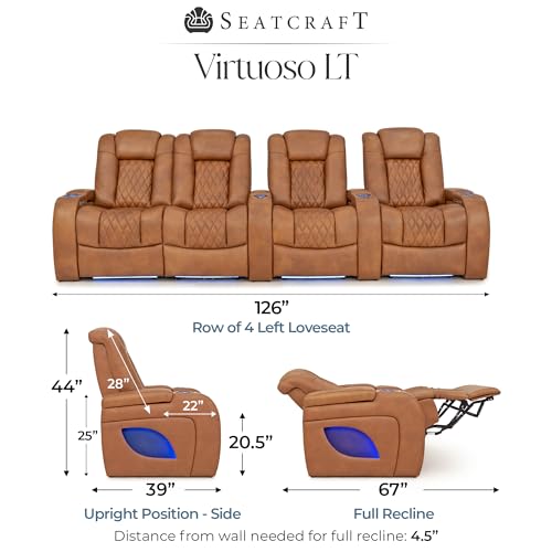 Image of Seatcraft Virtuoso LT Tawny Italian Leather Home Theater Seating, Zero Gravity Power Recliner, Heat and Massage, Powered Headrest and Lumbar Gaming and Home Office Chair, Row of 4 Dual Loveseats