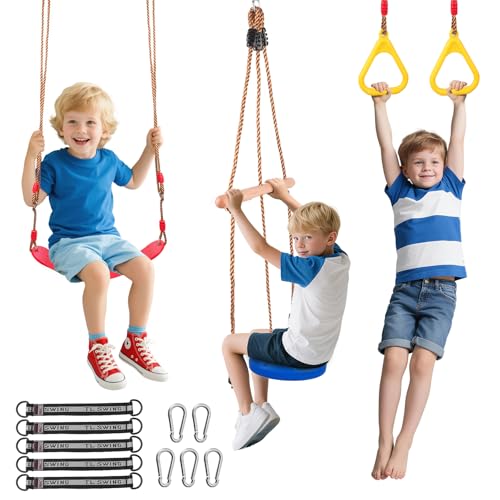 Balançoire trapèze 3 en 1 pour Enfants, intérieur et extérieur, avec Anneaux de Gymnastique en Plastique et Planche de balançoire en Bois - Hauteur réglable et Plaisir d'escalade Durable