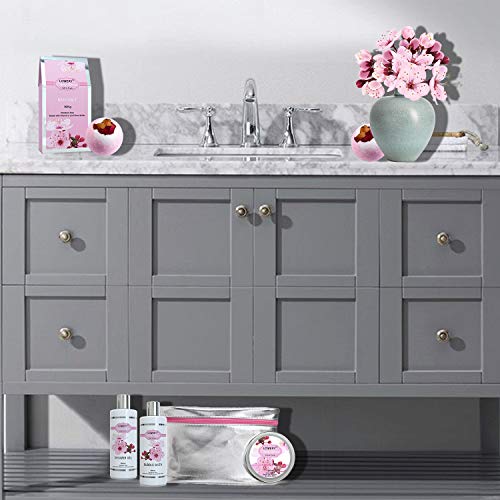 Bath And Body Spa Gift Basket Set For Women – Cherry Blossom Home Spa Set With Fragrant Lotions, 2 Extra Large Bath Bombs, Mirror, Silver Reusable Travel Cosmetics Bag & More. Care Package #TOP1
