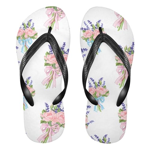 Sinestour Rose Bow White Flip Flops for Beach Thong Sandals Anti-slip Lightweight Beach Slippers for Summer Swim Travel