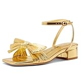 Castamere Women's Bow Knot Heeled Sandals Ankle Strap Buckle Open Square Toe Block Chunky Heels Wedding Dress Bride Fashion 1.4 Inches Heels Gold 11 M US