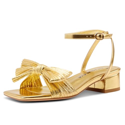 Castamere Women's Bow Knot Heeled Sandals Ankle Strap Buckle Open Square Toe Block Chunky Heels Wedding Dress Bride Fashion 1.4 Inches Heels Gold 11 M US