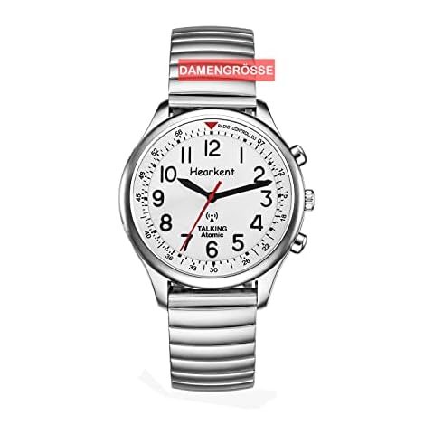 Sprechende Hearkent-Uhr für Männer und Frauen für blinde Senioren mit Sehbehinderung, laute und klare männliche Stimme, spricht Deutsch, Mutter oder Vater, Silber, Frauengröße Cover