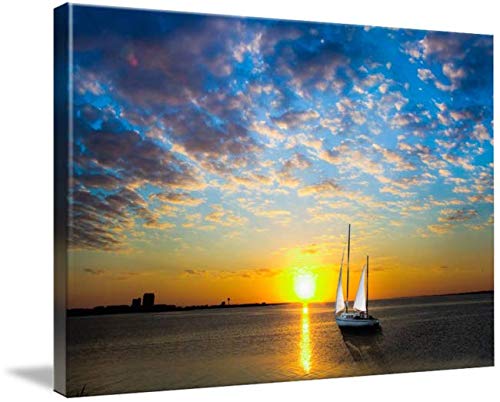 Imagekind Canvas Wall Art Print Entitled White Sail Sailboat-Sailing Into Sun-Sea Sunset by Eszra Tanner | 16 x 11