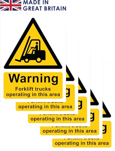 Pack of 5 self adhesive vinyl safety signs 135mm x 180mm -Warning Forklift trucks operating in this area