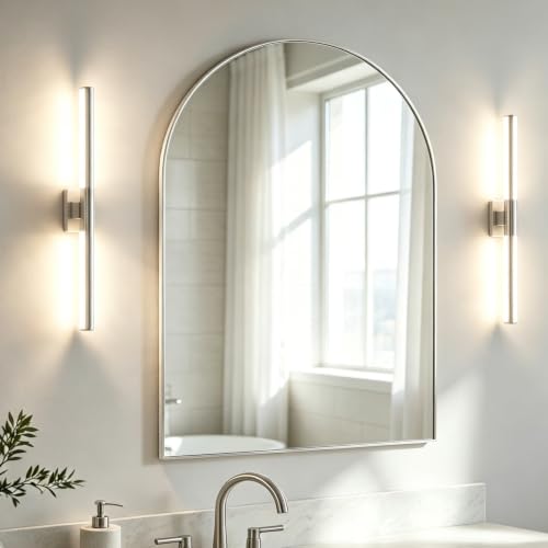 NEUWEABY Arched Wall Mirror for Bathroom, 30"x40" Arched Mirror Wall Mounted Mirror with Metal Frame, Silver Vanity Mirror Decor for Mantle, Bedroom, Entryway, Living Room