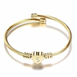 KENYG Elegant Gold Love Heart 26 Initial Letter Alphabet A-Z Cuff Bracelet Open Bangle Adjustable Jewellery Gift For Mum Daughter Sisters Friends Lover Birthday Christmas