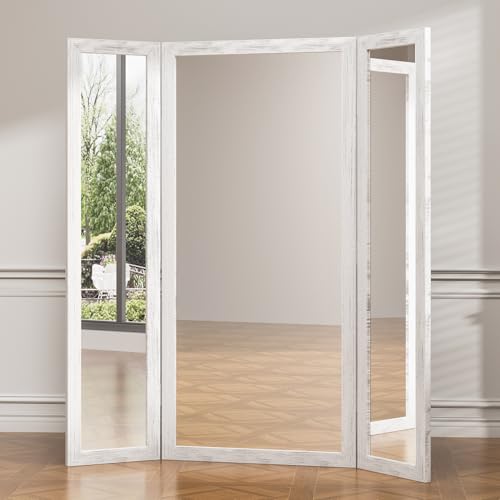 AISUNDY 3 Way Full Length Trifold Mirror with Tempered Glass, 3 Panel Oversized Extra Large Free Standing Mirror with Rustic Wood Frame, for Wedding Dress/Clothing Shop/Bedroom/Closet, 71