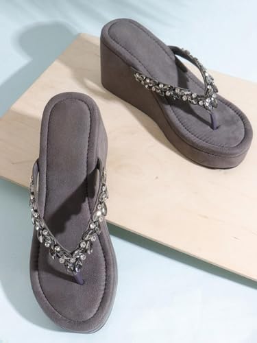 Image of TRYME Crystal Embellished Strap Slip on Wedges Heel Sandals For Women's