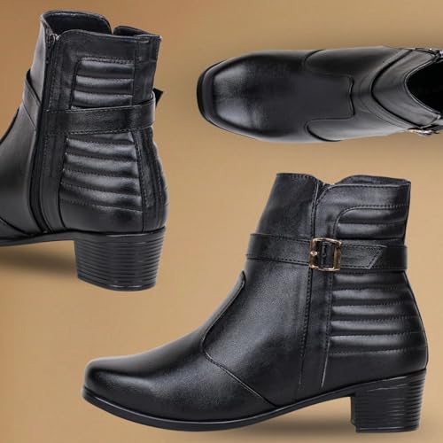 Image of TRASE Stylish Boots for Woman | Synthetic Leather Trendy Winter Shoes with Buckle Strap & Zipper | Comfortable & Lightweight Ladies Footwear