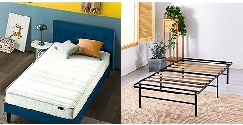 Zinus Colchón de espuma y resortes de 6 pulgadas, base de colchón esencial blanca y SmartBase con listones de bambú, marco de cama de plataforma de
