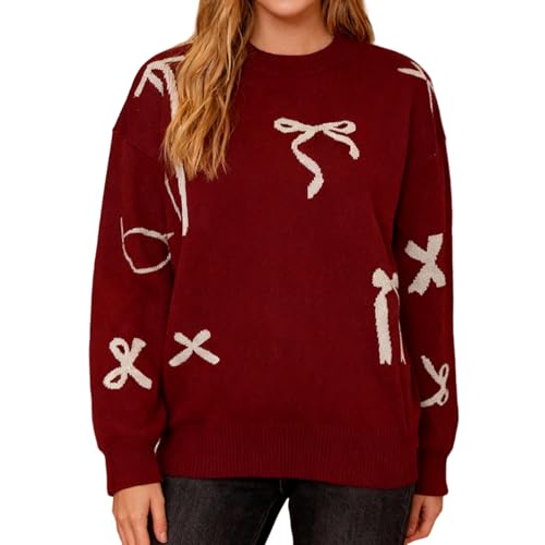 Image of Women Cute Bow Knit Sweater Y2k Long Sleeve Crew Neck Knitted Pullover Top Oversized Going Out Fall Winter Knitwear