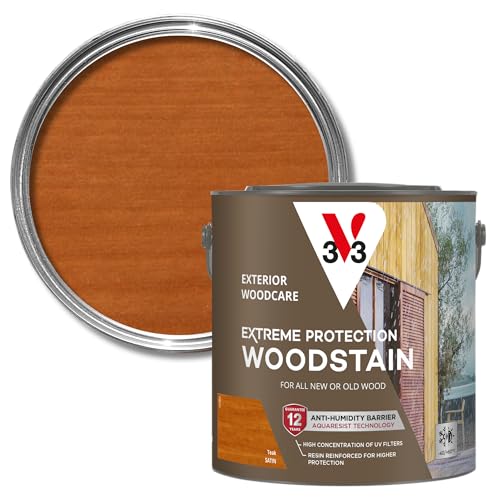 Image of V33 Extreme Protection Woodstain - Exterior Wood Stain - NEW Water-Based Formula - 12-Year Guarantee - Waterproof Barrier - UV Resistant Technology - Teak Satin 2.5L
