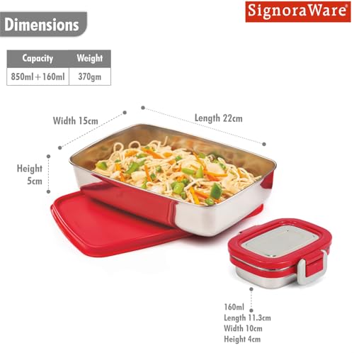 Image of SignoraWare Munch Mate Stainless Steel Lunch Box | Airtight & Leakproof | Durable & Compact | Easy to Carry | Ideal Tiffin for Office, School & Travel (850ml + 160ml | Red)