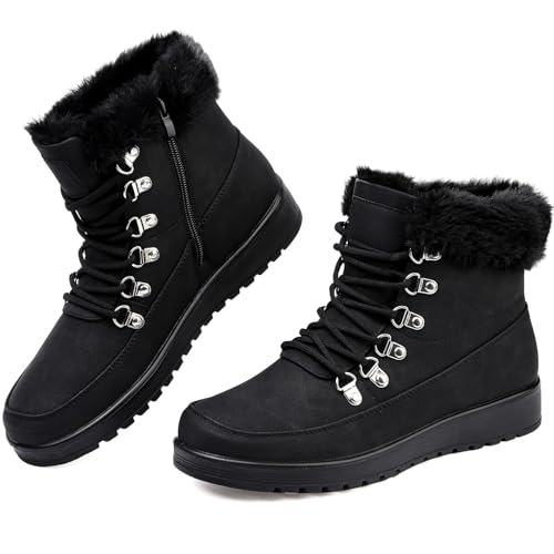 Chaoslook Womens Snow Boots Waterproof Leather Fur Lined Winter Warm Boots for Women Comfortable Platform Lace up PU Fashion Ankle Booties Black 9
