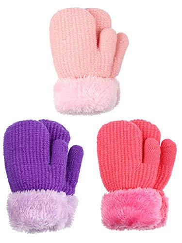 3 Pairs Baby Winter Mitten Gloves Toddler Fleece Thermal Gloves Lined Knit Thick Warm Mittens for Boys Girls (Stylish Style)