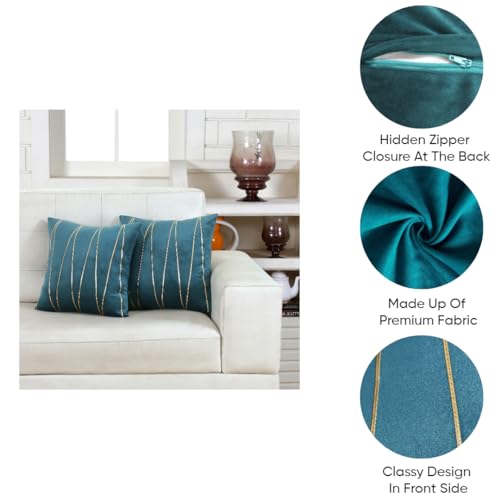 Image of Amazon Brand - Umi Gold Leather Striped Pack of 2 Throw Pillow Covers Velvet Decorative Cushion Covers Cases for Sofa Bedroom Livingroom Car 14 x 14 in Deep Teal Color