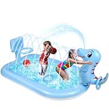 Splash Pad Sprinklers for Kids, 3 in 1 Inflatable Kiddie Pool Play Center Including Basketball Game and Ring Toss Game, 63inch Dinosaur Design Indoor Outdoor Water Play Mat for Toddlers 3-5 Boys Girls