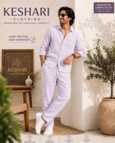 Image of Men's Premium Linen Co-Ord Set | Regular Fit Full Sleeve Solid Shirt with Drawstring Trouser | Breathable Linen Casual Outfit for Summer, Travel, Beach, Vacation & Daily