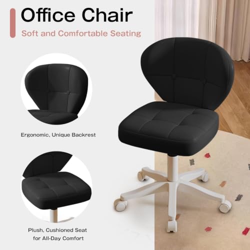 Image of Small Office Chair with Lumbar Support, PU Leather Armless Swivel Desk Chair Adjustable Height, Compact Rolling Chair for Home Office, Bedroom, Study Black Set of 2