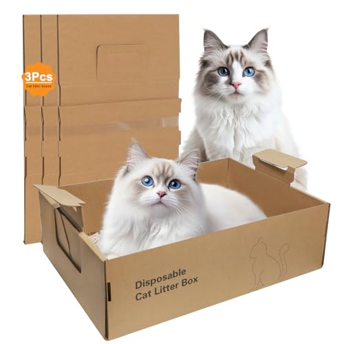 Image of 3-Pack Disposable Litter Boxes for Cats,Disposable 100% Renewable Cardboard Foldable Litter Boxes,Large-Capacity Portable Cardboard Cat Litter Box,Waterproof Travel Litter Box,17.2