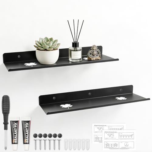 DRAKEWOOD 2 Piezas 40cm Estante Flotante Pared Negro Balda Pared Sin Agujeros Metal Repisa Foto - Estrecha Estanteria Aluminio Negra para Baño Dormitorio Salon Cocina - Montaje con Tornillo/Adhesivo