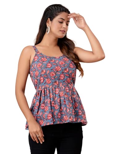 Image of feranoid Women Cotton Printed Sleeveless Strap Peplum Top