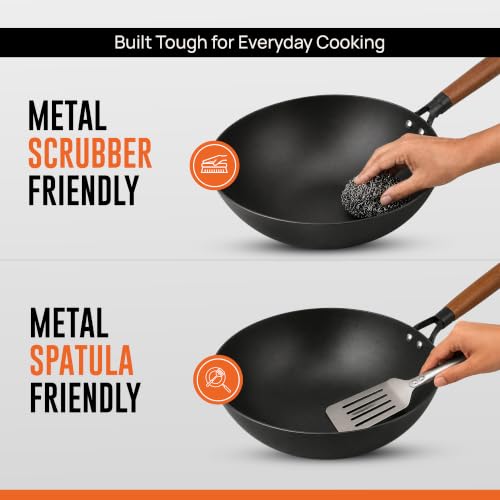 Image of KROSLO Lightweight Cast Iron Wok Pan 24 cm | 100% Non-Toxic | Naturally Non Stick | Rust Resistant | Metal Spatula Friendly | Baby Food Safe