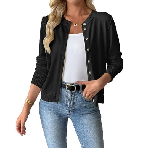 Bsubseach Lightweight Cardigan Sweaters for Women Open Front Button Down Knit Cardigans Sweater Top Fall Clothes Black X-Large