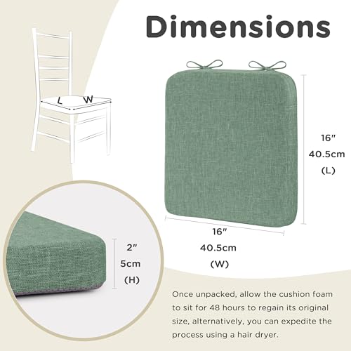 Image of AddGrace Chair Cushions for Dining Chairs 4 Pack 16x16inch Sage Green | Non Slip, Removable Cover with Ties, Textured Fabric, for Kitchen Dining Room Indoor, Hard Wooden Chairs, Family Gathering