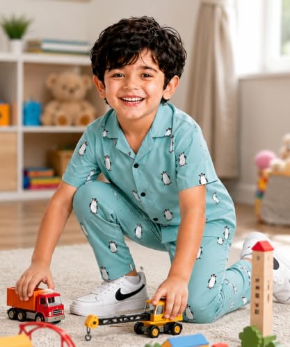 Image of 3BROS Unisex Pure Cotton Short Sleeve Kids Night Dress for Boys & Girls Nightwear /Sleepsuit /Sleepwear /Loungewear Night Suit for Boys and Girls Top and Pyjama Combo Set