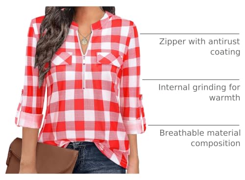 Image of Bulotus 3 /4 Length Sleeve Womens Striped Tops Zipper V Neck Collared Blouses Business Casual Tunics 2026 Spring Trendy