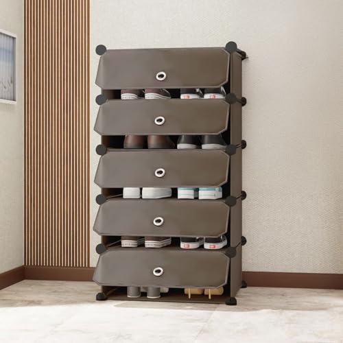 Image of LAXIS 5 Shelf Shoe Rack with 5 Doors, Magnets, 5 Hook Steel Holder & Wooden Hammer for Home Storage PP Plastic Organizer with Metal Door Frame to Cover Chappal Slipper