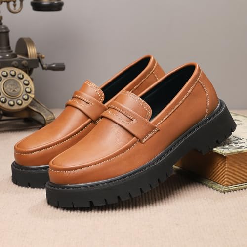 Image of Men's Leather Platform Chunky Slip-On Penny Loafers Classic Round Toe Lug Sole Business Casual Formal Work Shoes