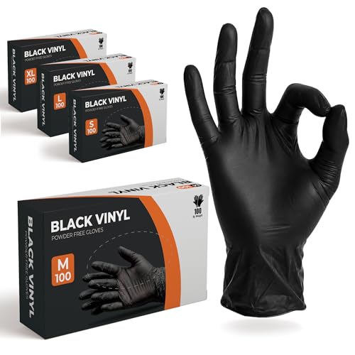 The Real Touch Disposable Gloves 100 Count Latex-Free Powder-Free Food Grade Comfortable Fit Multi-Purpose Black Vinyl Gloves for Food Handling Cleaning & Beauty (100 M)