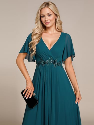 Image of Ever-Pretty Women's Spring Short Sleeve Bridesmaid Dresses V-Neck Chiffon Ruched Empire Waist Appliques Long Formal Dress