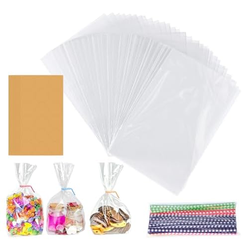 ABSOFINE Cellophane Treat Bags 6"x10", 200 Pcs Clear OPP Plastic Treat Bags with 200 Twist Ties and 108 Stickers for Gift Wrapping, Packaging Candies, Dessert, Bakery, Cookies, Chocolate, Pa