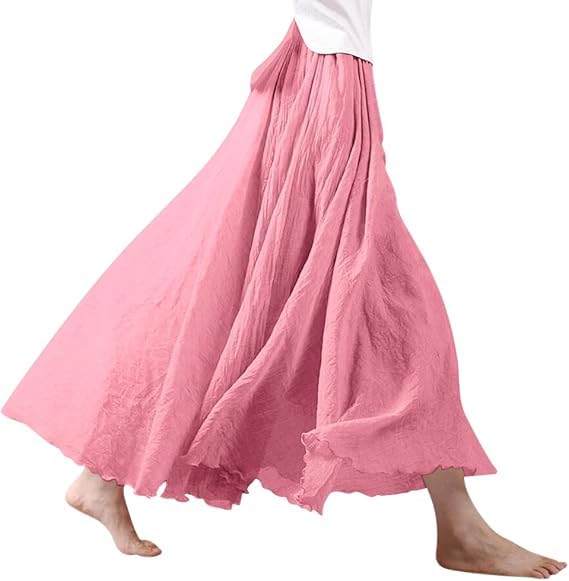 Jupe longue plissée en lin pour femme - En coton et lin - Style bohème - Couleur unie - Pour les loisirs