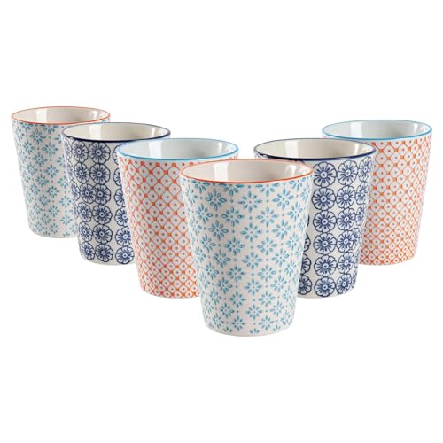 Nicola Spring Hand-Printed Tumbler - 300ml - 3 Colours - Pack of 6 - No Handle Hot Chocolate Cups Breakfast Tea & Coffee Mugs for Kitchens, Cafes & Restaurants