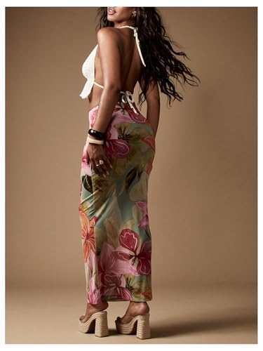 WDIRARA Women's Floral Maxi Beach Skirt Bodycon Long Cover Up Skirts Mesh See Through for Vacation3