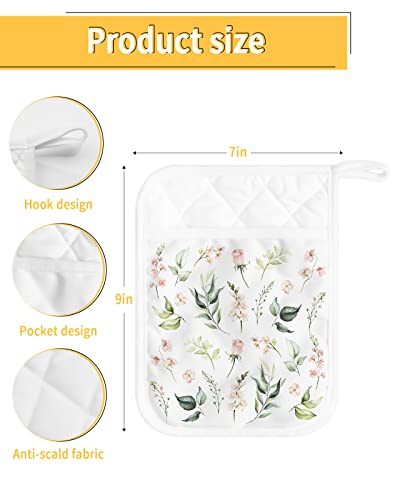 5 Pack Pocket Pot Holders, Spring Floral Hot Pads For Kitchen Heat Insulation Potholders, Pink Summer Flower Green Botanical Vintage Herb Pot Holder Oven Mitts Hot Pad Trivet For Baking Cooking 9"X7" #TOP2